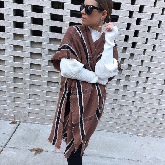 Plaid Shawl Poncho Kimono - Ashlee Nude & Black - Picture 8 of 8